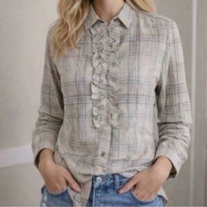 New Tuckernuck Women's Size XL Tan Plaid Ruffle Front Button Down Shirt NWT